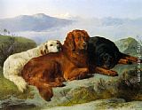 A Golden Retriever, Irish Setter, and a Gordon Setter in a Mountainous Landscape by George W. Horlor